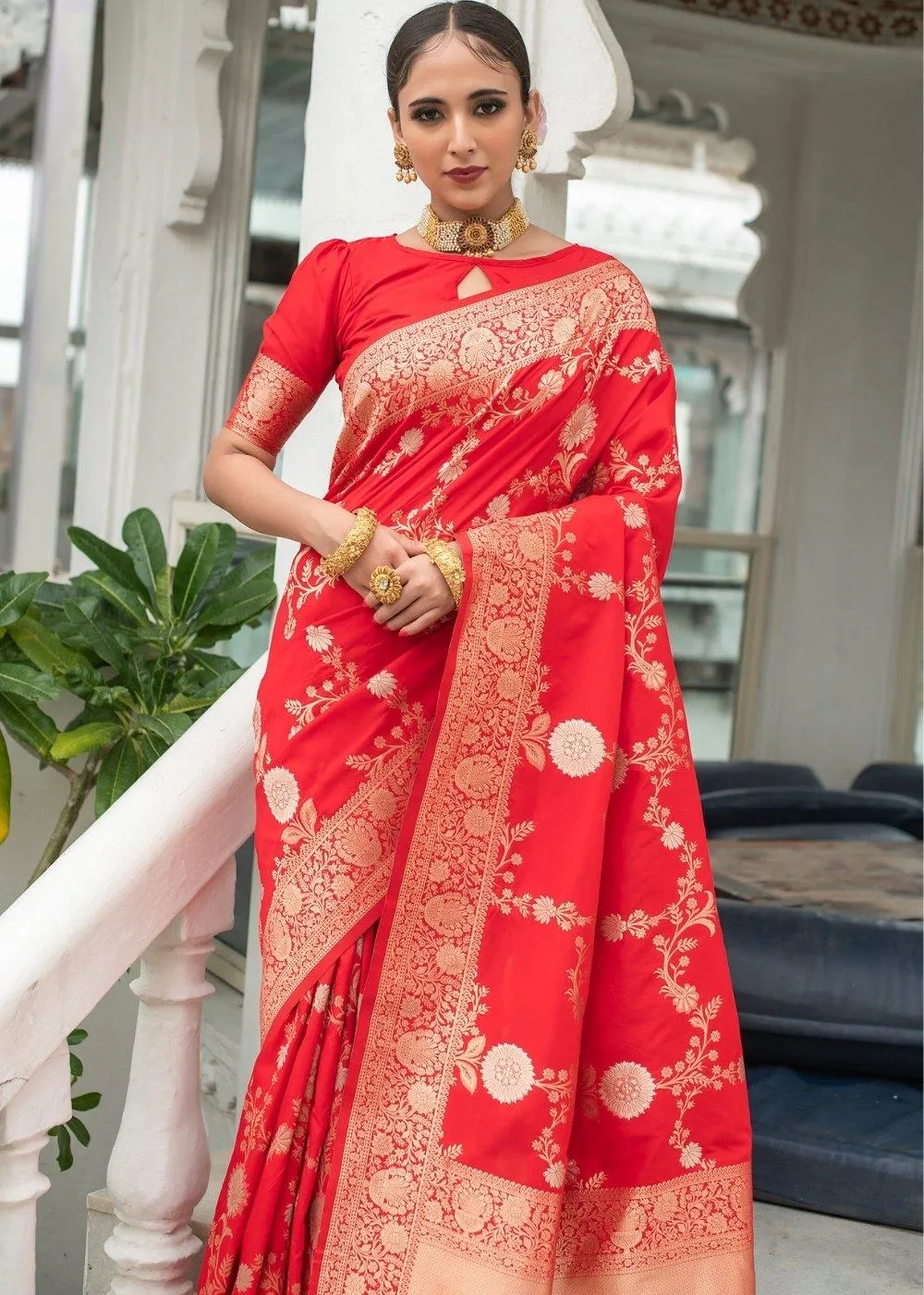 Imperial Red Soft Banarasi Silk Saree with Floral Zari work | Stitched Blouse