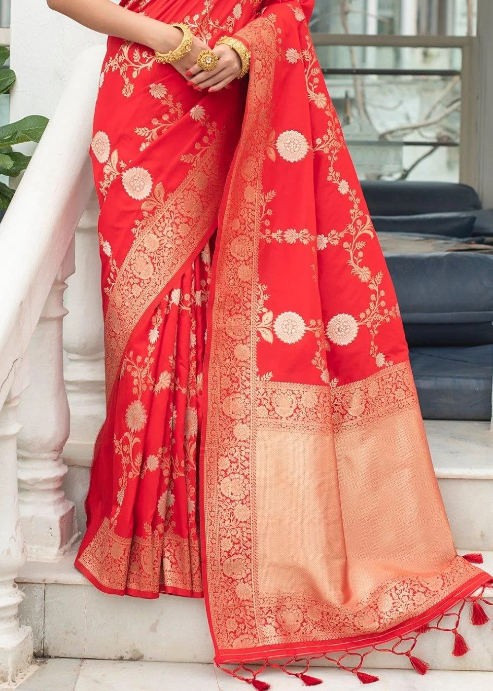 Imperial Red Soft Banarasi Silk Saree with Floral Zari work | Stitched Blouse