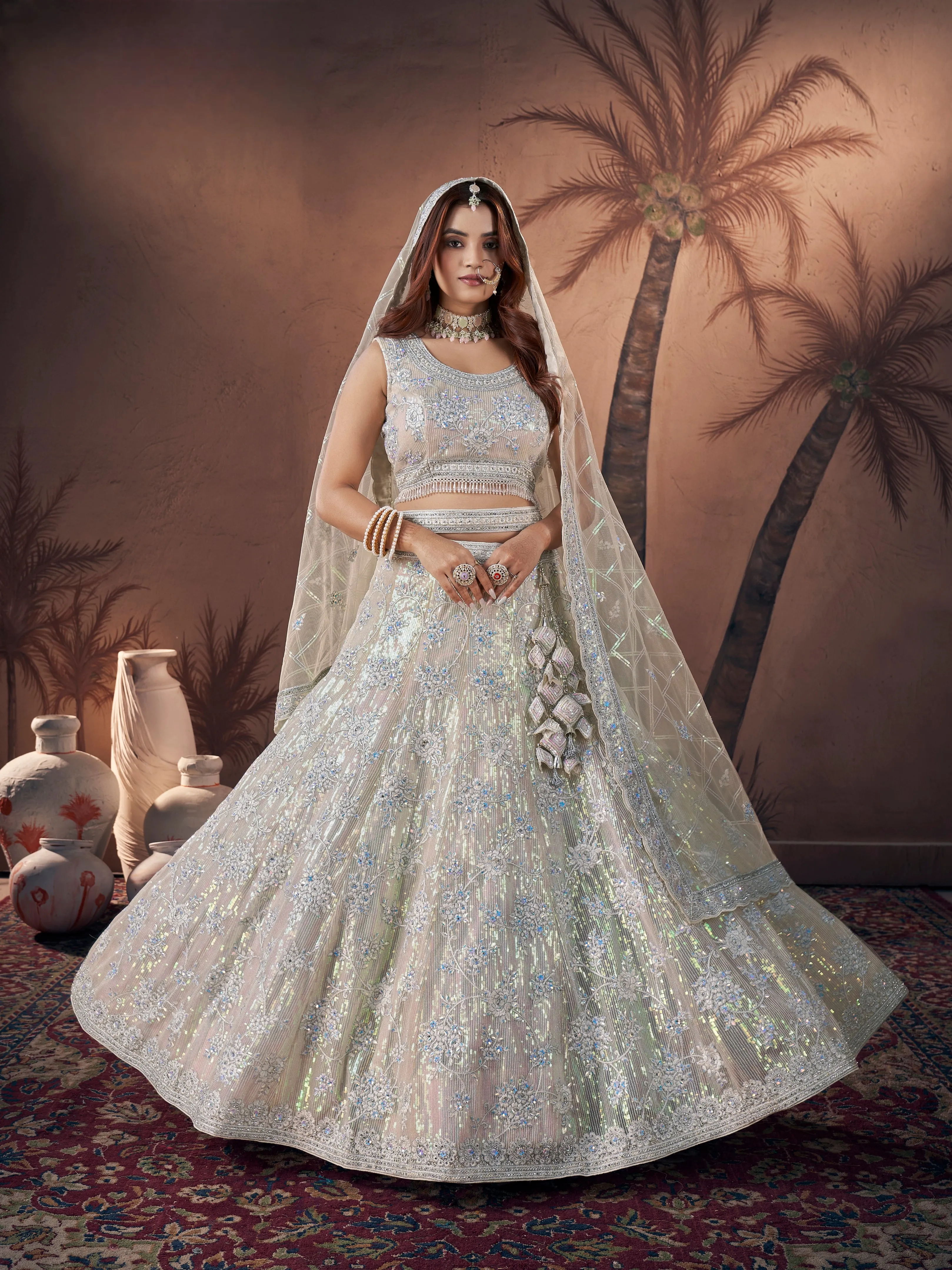 Ivory Bridal Lehenga Choli with Handworked Premium Net & Zarkan