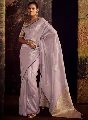 Lavender Beige Embroidered Organza Silk Saree