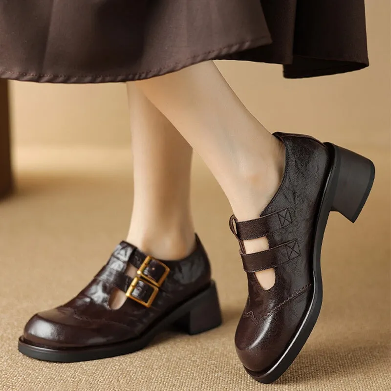 Leather Double T Strap Mary Jane Shoes Round Toe 50mm Block Heel in Brown/Black