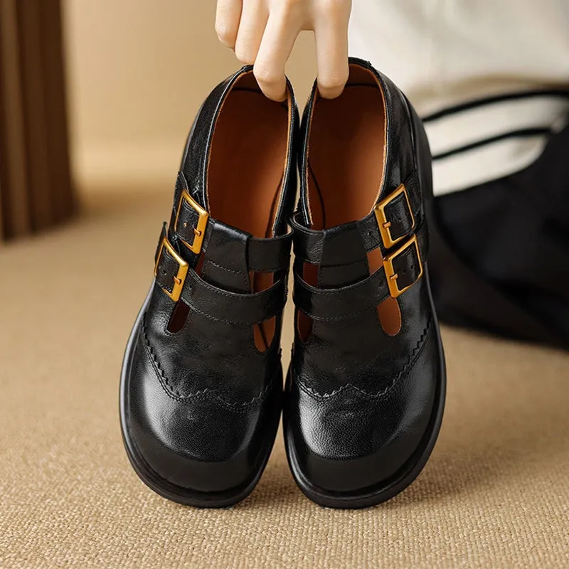 Leather Double T Strap Mary Jane Shoes Round Toe 50mm Block Heel in Brown/Black