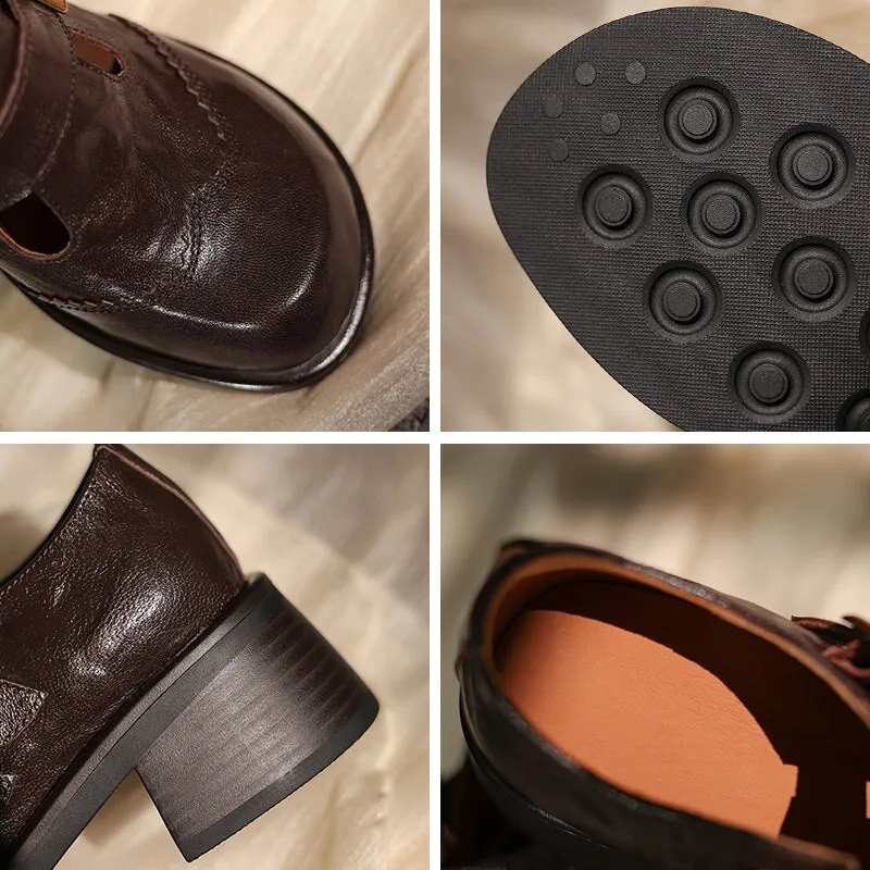 Leather Double T Strap Mary Jane Shoes Round Toe 50mm Block Heel in Brown/Black
