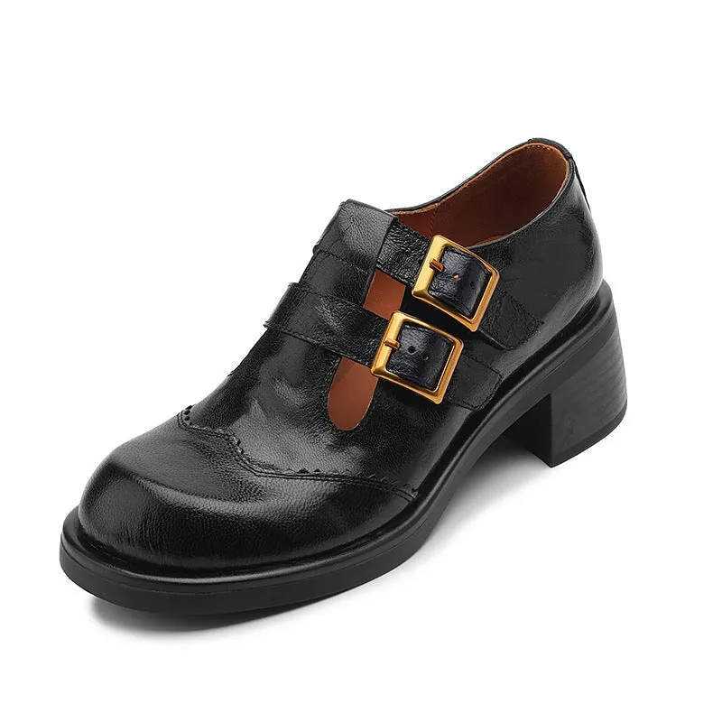 Leather Double T Strap Mary Jane Shoes Round Toe 50mm Block Heel in Brown/Black
