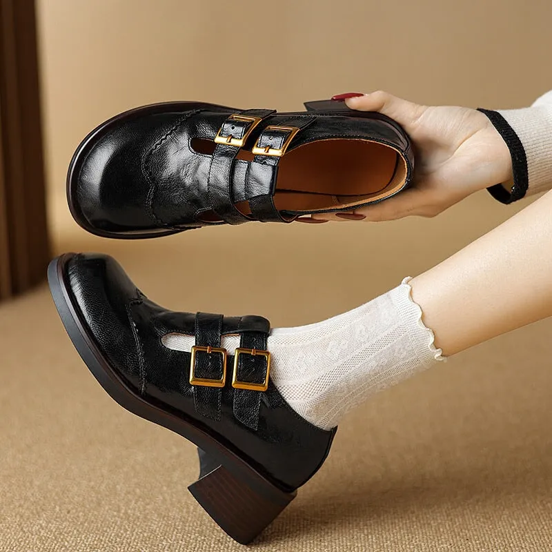 Leather Double T Strap Mary Jane Shoes Round Toe 50mm Block Heel in Brown/Black