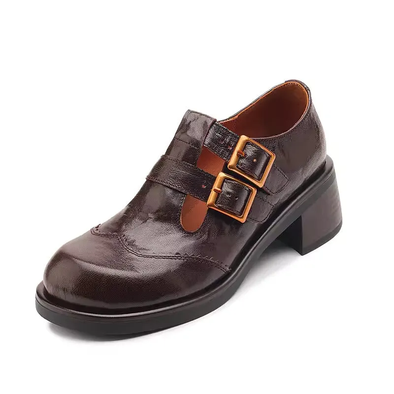 Leather Double T Strap Mary Jane Shoes Round Toe 50mm Block Heel in Brown/Black