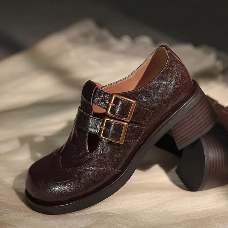 Leather Double T Strap Mary Jane Shoes Round Toe 50mm Block Heel in Brown/Black