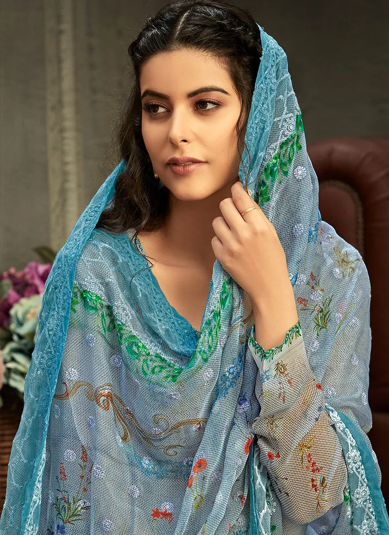 Light Blue Multi Embroidered Palazzo Suit