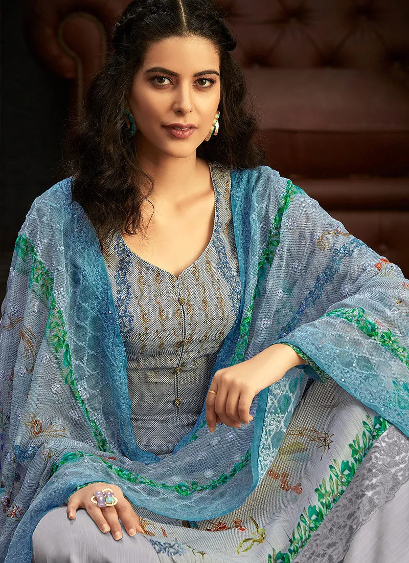 Light Blue Multi Embroidered Palazzo Suit