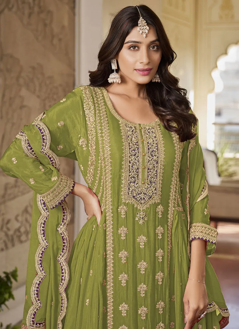 Lime Green Multi Embroidery Anarkali Sharara Suit