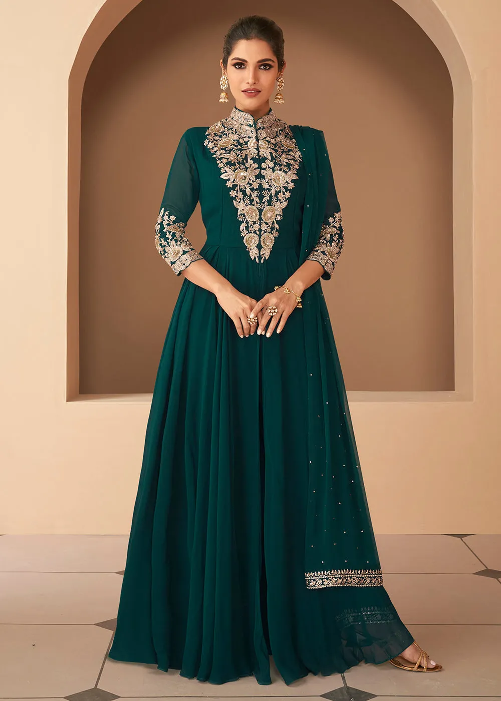 Luminous Bottle Green Front Slit Premium Anarkali Suit