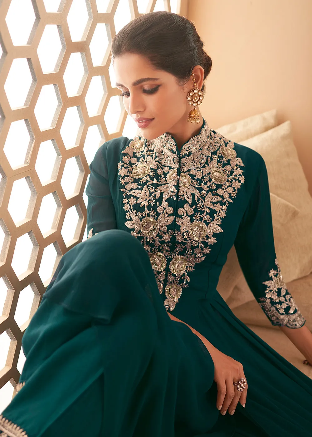 Luminous Bottle Green Front Slit Premium Anarkali Suit