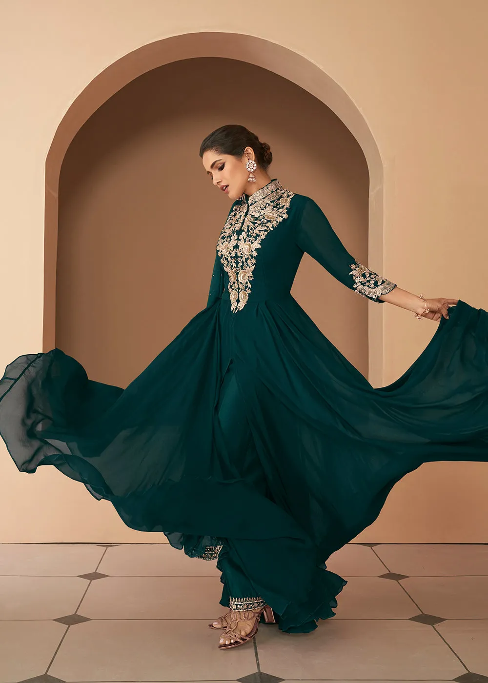 Luminous Bottle Green Front Slit Premium Anarkali Suit