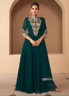 Luminous Bottle Green Front Slit Premium Anarkali Suit