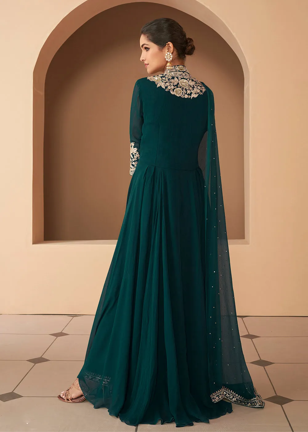 Luminous Bottle Green Front Slit Premium Anarkali Suit