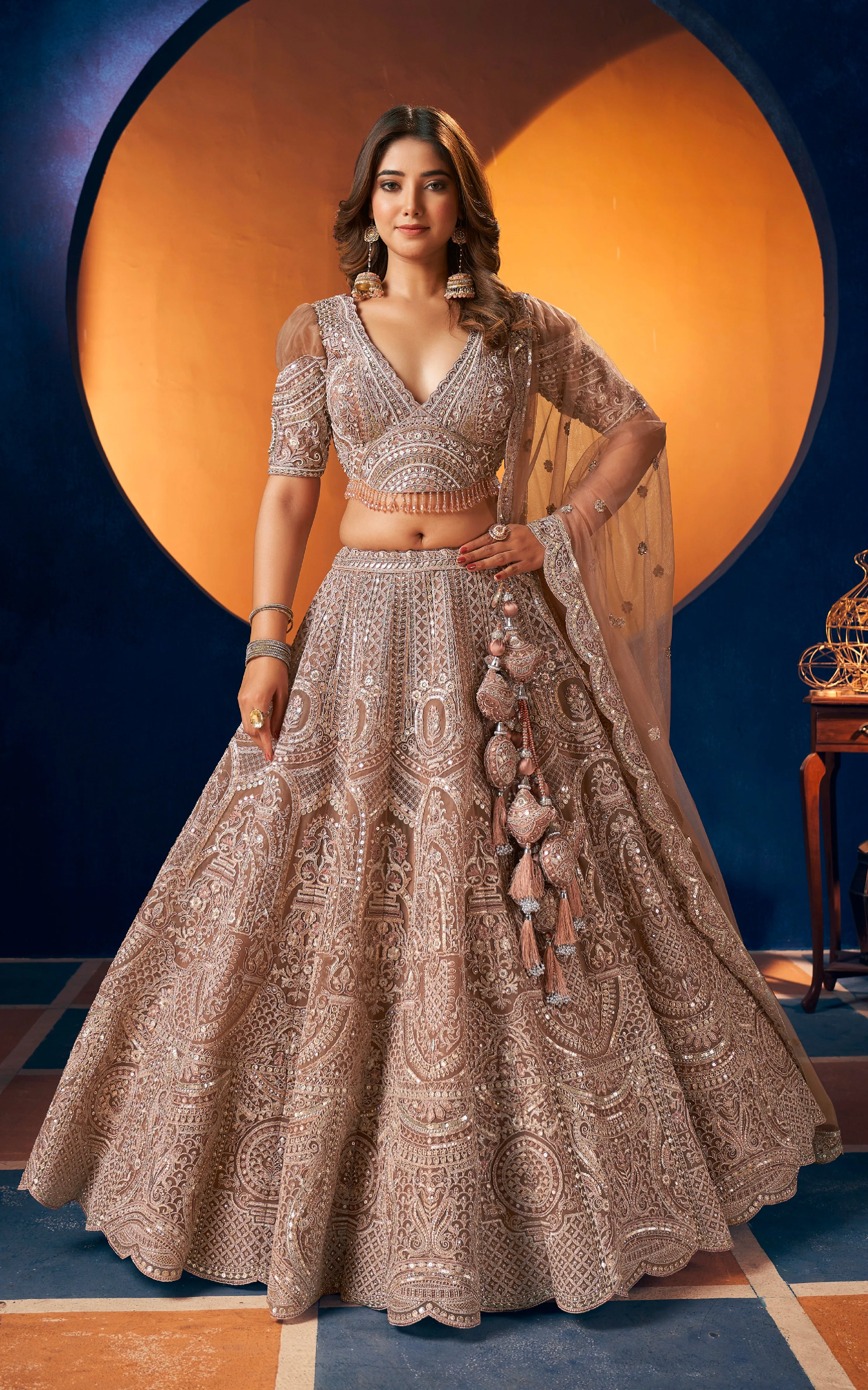 Luxury Gold Bridal Lehenga with Hand Embroidery & Net Dupatta