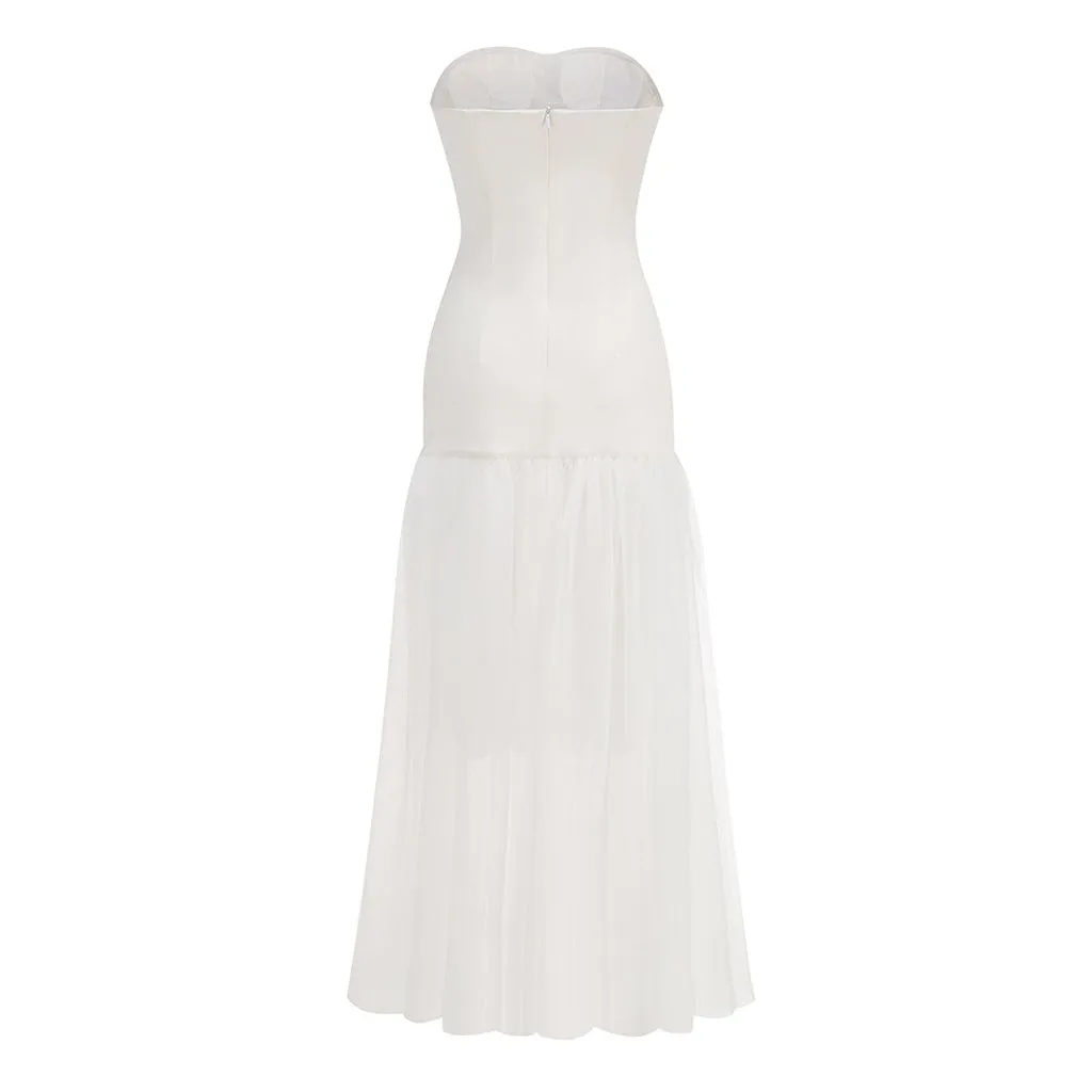 Luxury Rhinestone Strapless Bodycon Layered Tulle Maxi Evening Dress