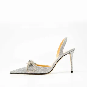 Mach & Mach Silver Glitter Double Bow Slingbacks 37