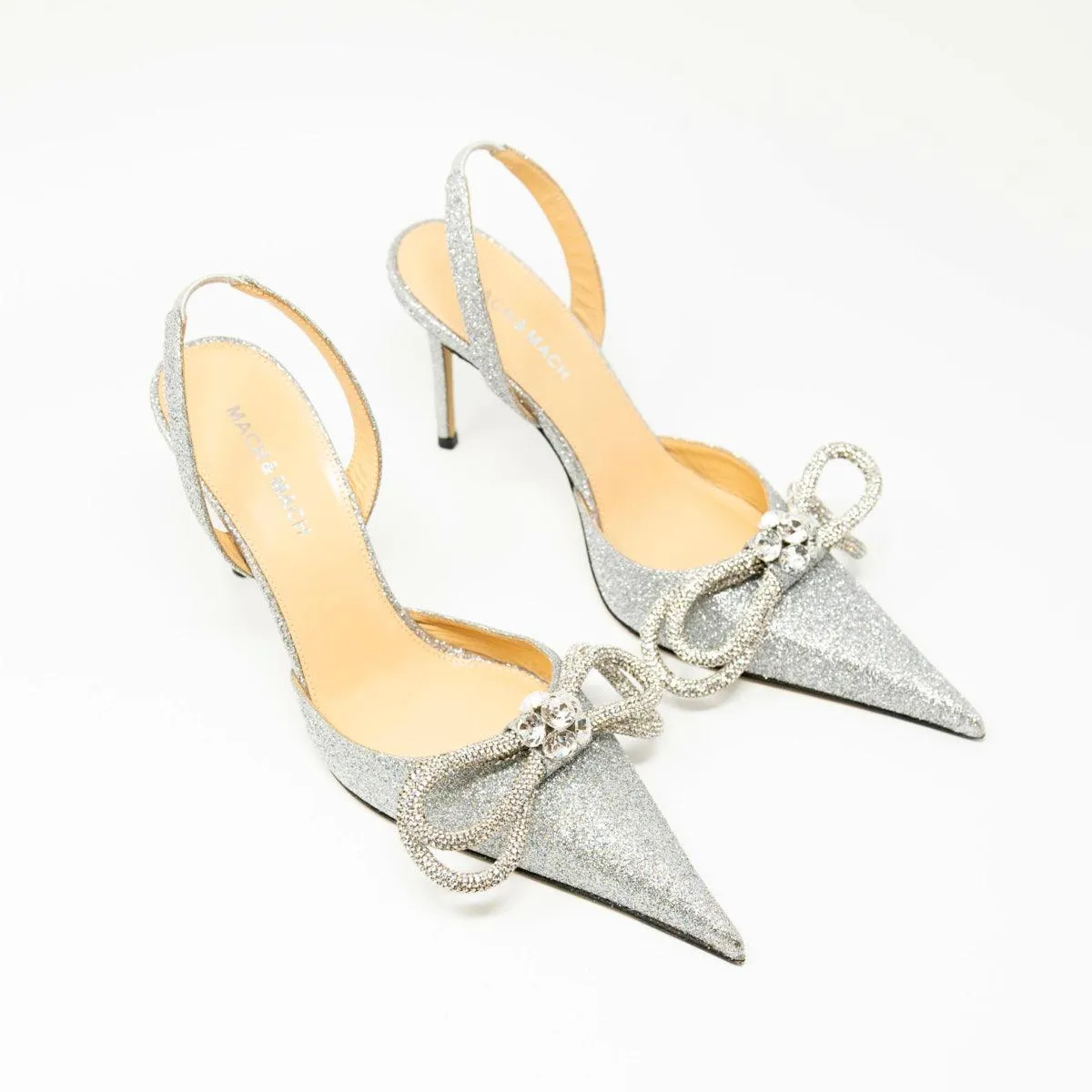 Mach & Mach Silver Glitter Double Bow Slingbacks 37