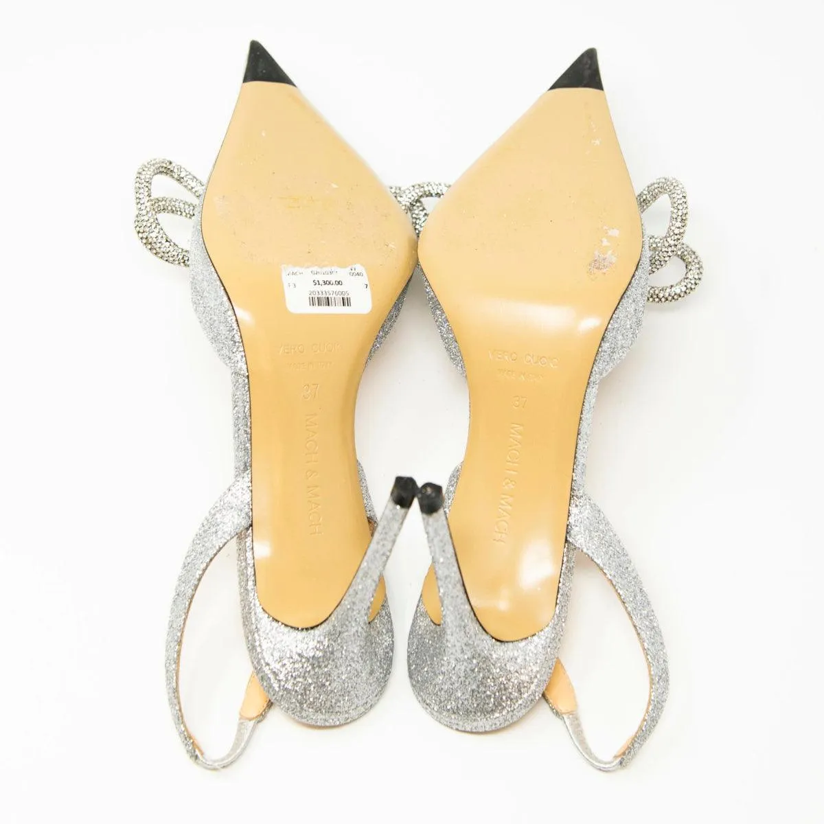 Mach & Mach Silver Glitter Double Bow Slingbacks 37