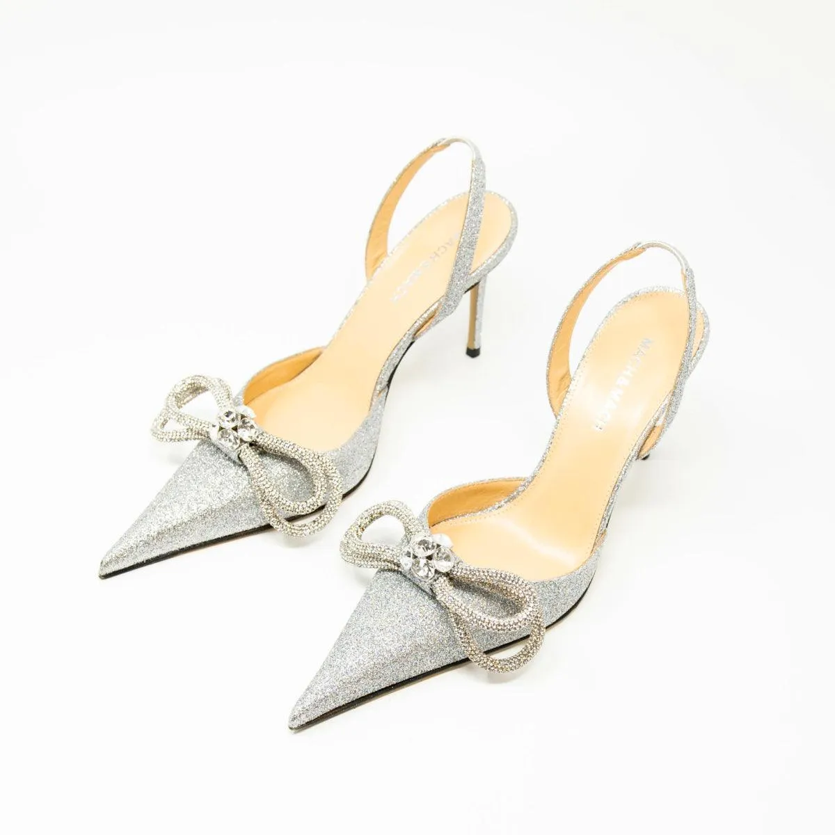 Mach & Mach Silver Glitter Double Bow Slingbacks 37