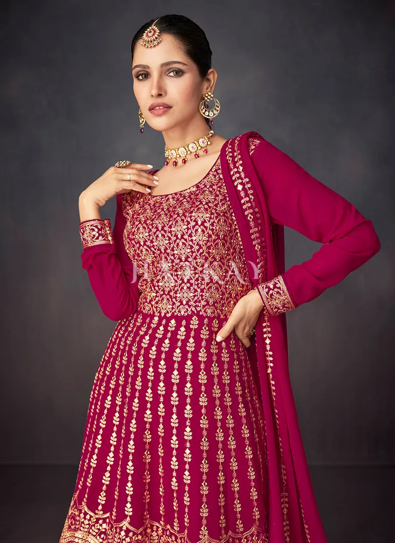 Magent Pink Golden Embroidered Sharara Style Suit