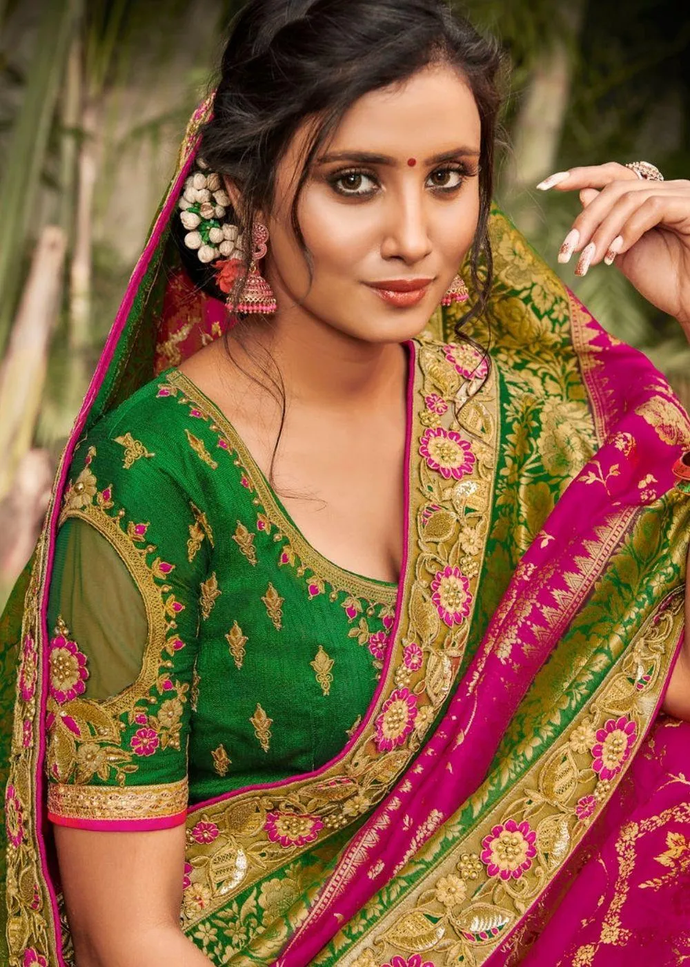 Magenta and Green Banarasi Dola Silk Saree with Resham Embroidery, Zari and Moti work | Stitched Blouse