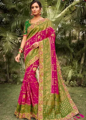 Magenta and Green Banarasi Dola Silk Saree with Resham Embroidery, Zari and Moti work | Stitched Blouse