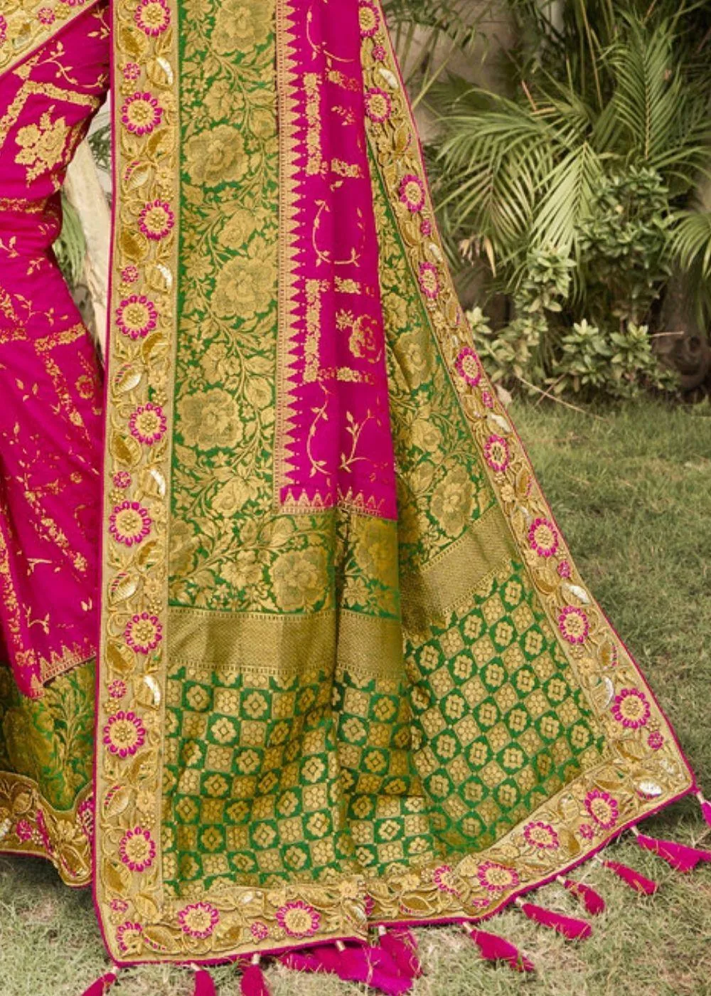 Magenta and Green Banarasi Dola Silk Saree with Resham Embroidery, Zari and Moti work | Stitched Blouse