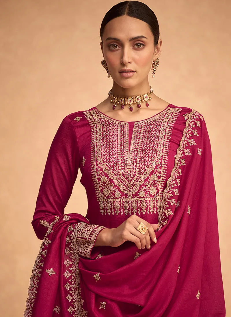 Magenta Embroidery Silk Festive Palazzo Suit