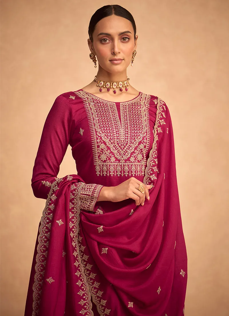 Magenta Embroidery Silk Festive Palazzo Suit