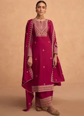 Magenta Embroidery Silk Festive Palazzo Suit