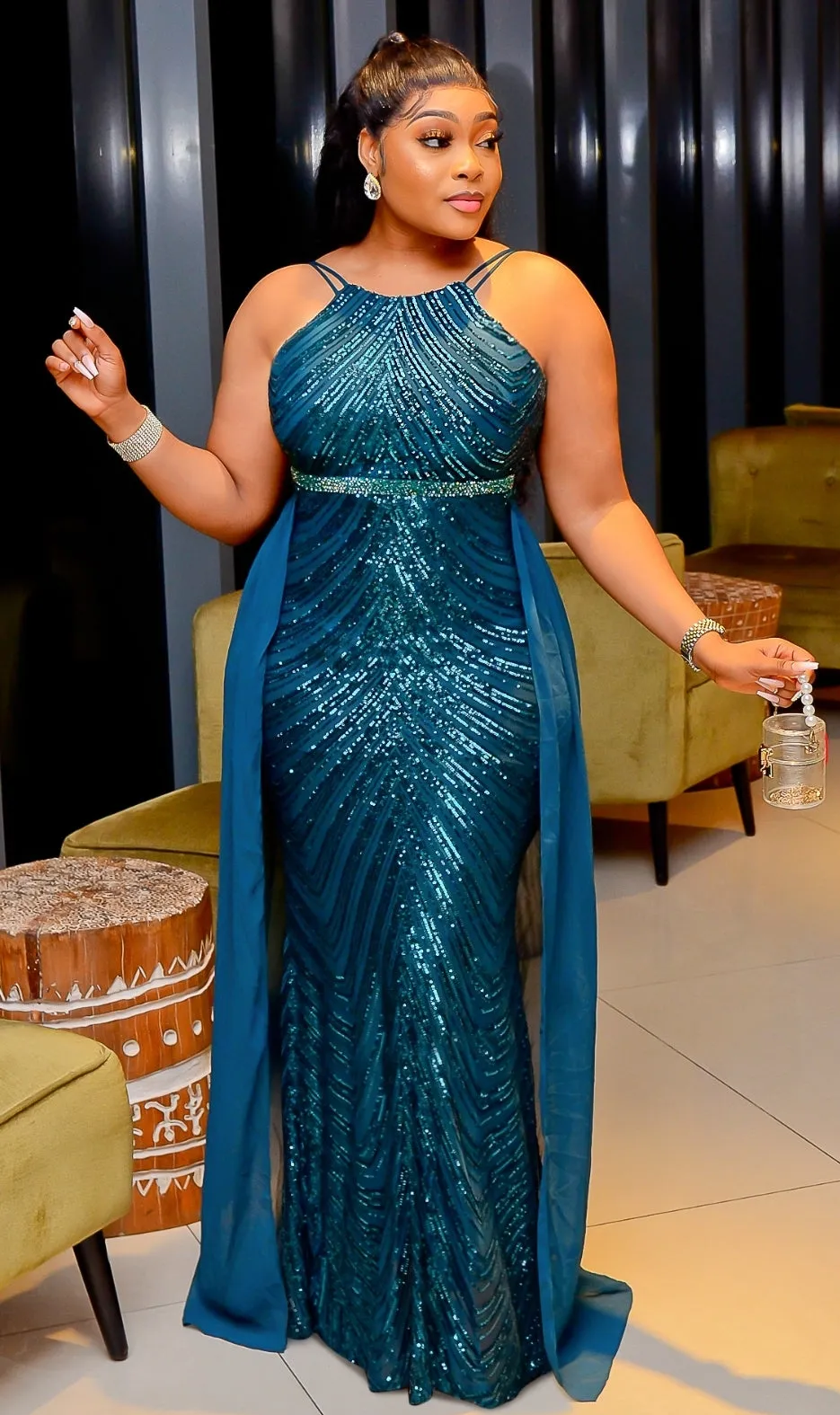 Malissa Luxe- Detachable Train Sequin Floor Length Dress (New)
