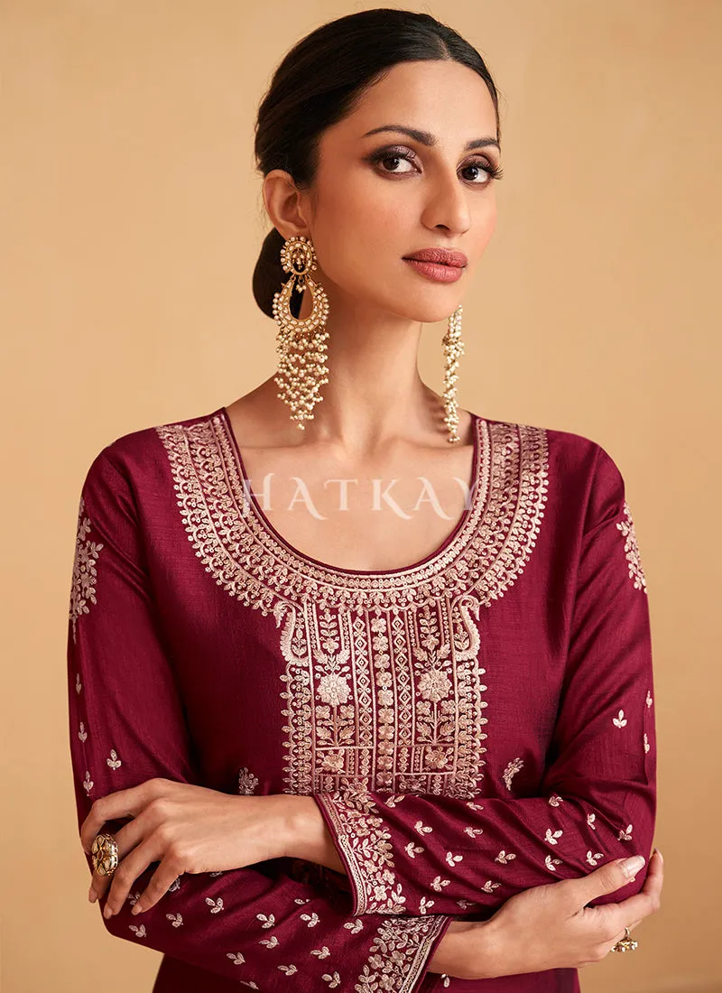 Maroon Embroidery Silk Salwar Kameez