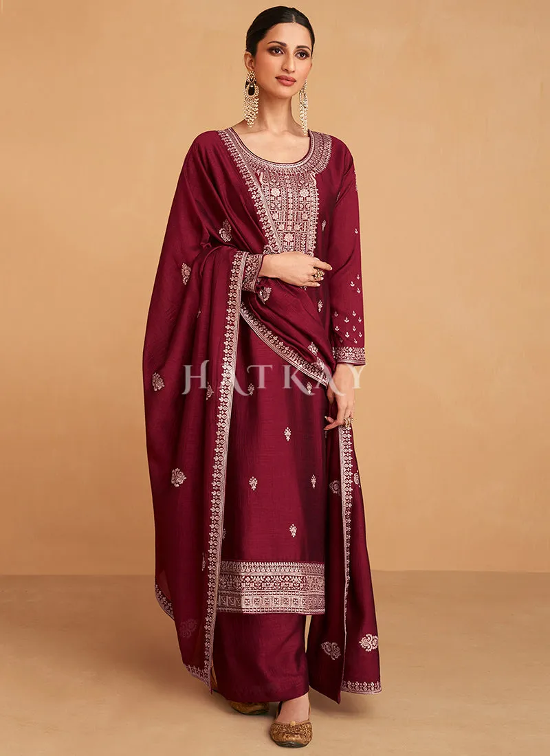 Maroon Embroidery Silk Salwar Kameez