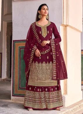 Maroon Golden Zari Embroidered Wedding Palazzo Suit