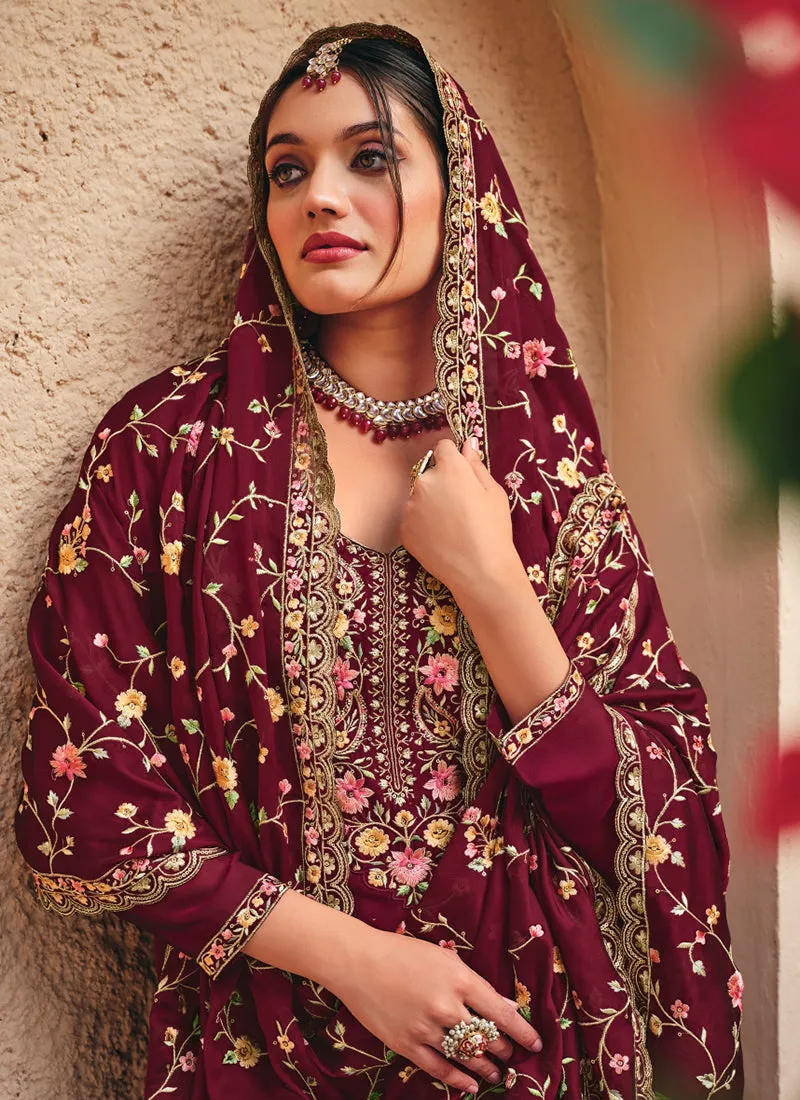 Maroon Resham Thread Pant Suit