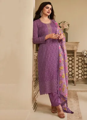 Mauve Schiffli Embroidery Traditional Pant Style Salwar Suit