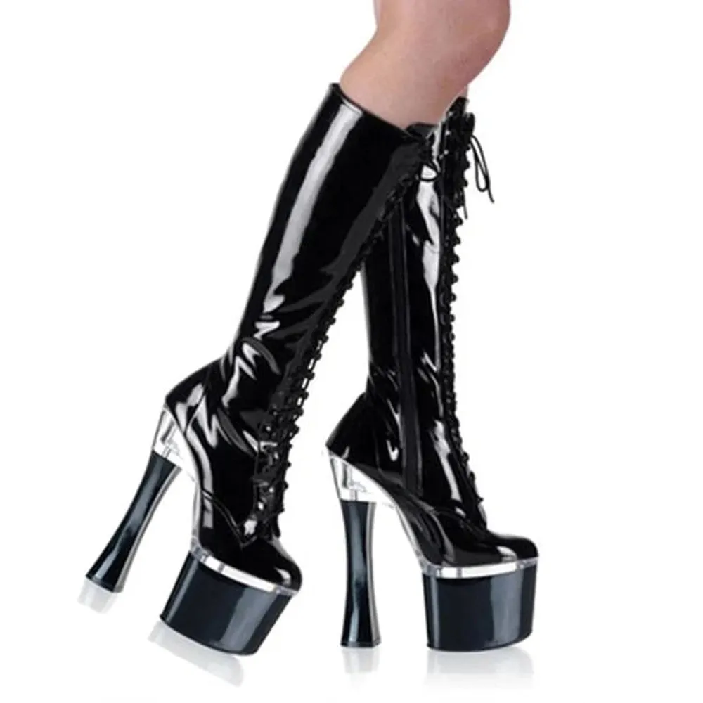 Merendy Roney Round Toe Tall Lace Up Black Mid-Calf Boots