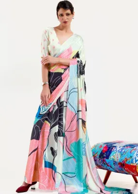 Multi Colored Digital Printed Satin Crepe Saree | Stitched Blouse
