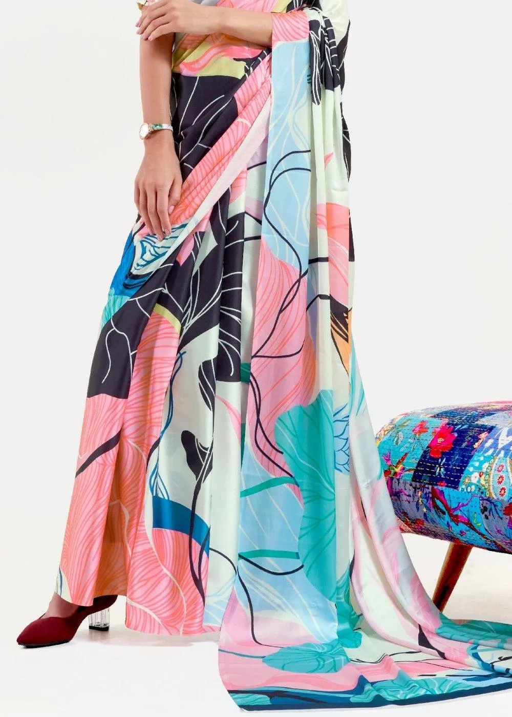 Multi Colored Digital Printed Satin Crepe Saree | Stitched Blouse