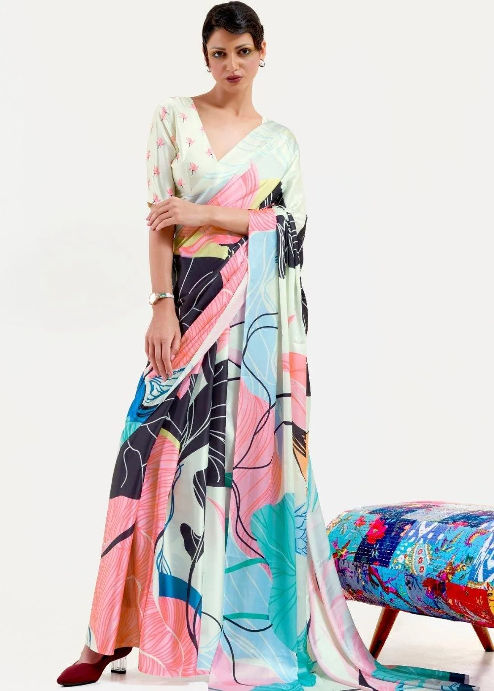 Multi Colored Digital Printed Satin Crepe Saree | Stitched Blouse