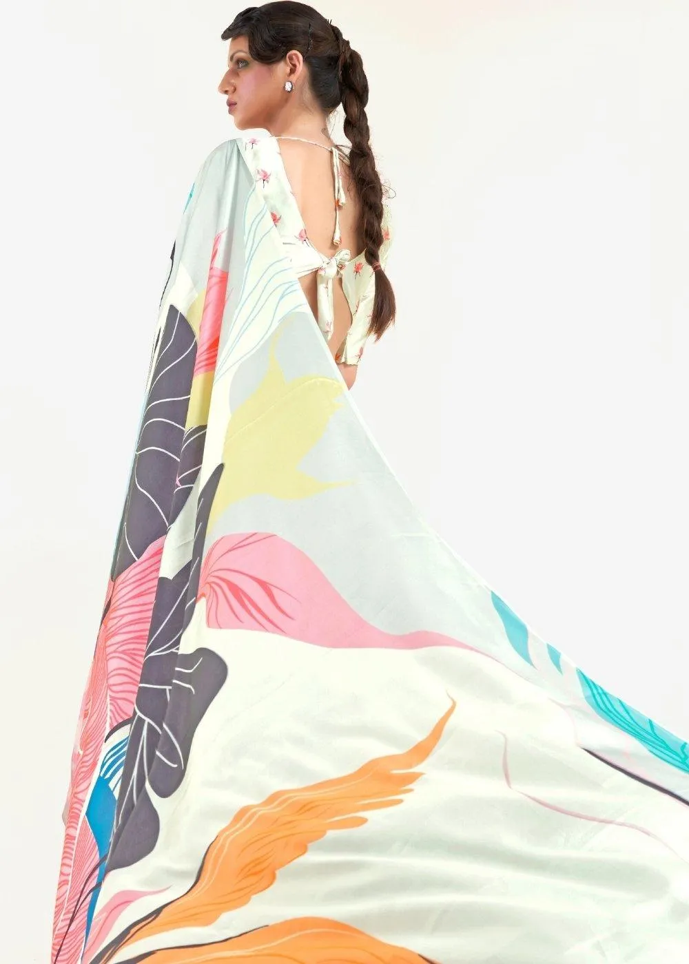 Multi Colored Digital Printed Satin Crepe Saree | Stitched Blouse