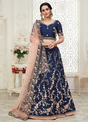 Navy Blue Floral Embroidered Art Silk Lehenga Choli