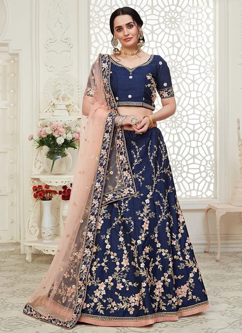 Navy Blue Floral Embroidered Art Silk Lehenga Choli