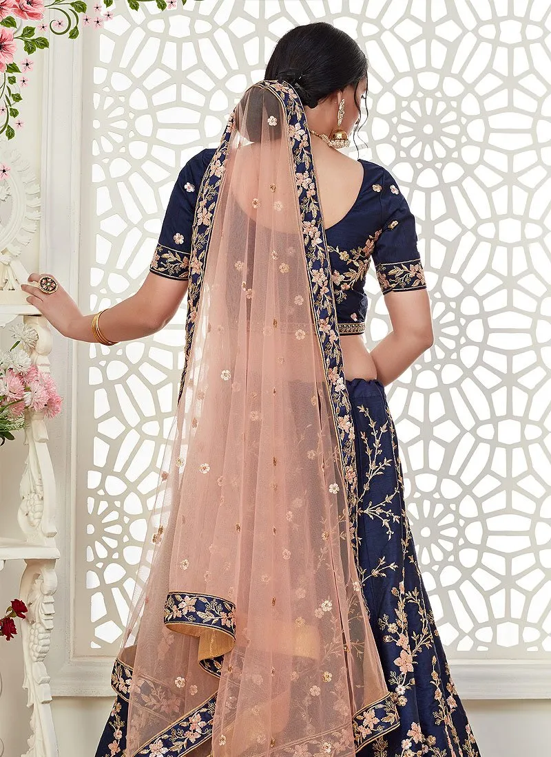 Navy Blue Floral Embroidered Art Silk Lehenga Choli