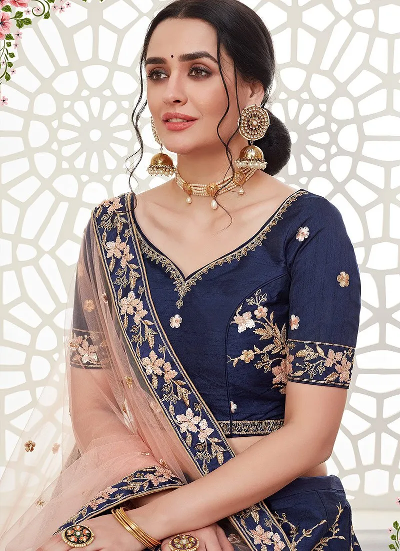 Navy Blue Floral Embroidered Art Silk Lehenga Choli