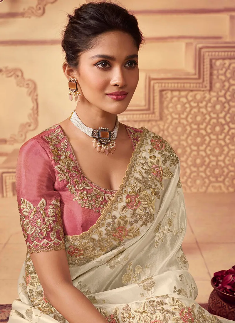 Off White Golden Sequence Embroidered Wedding Saree