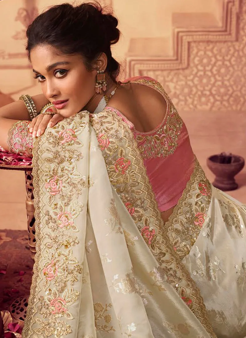 Off White Golden Sequence Embroidered Wedding Saree
