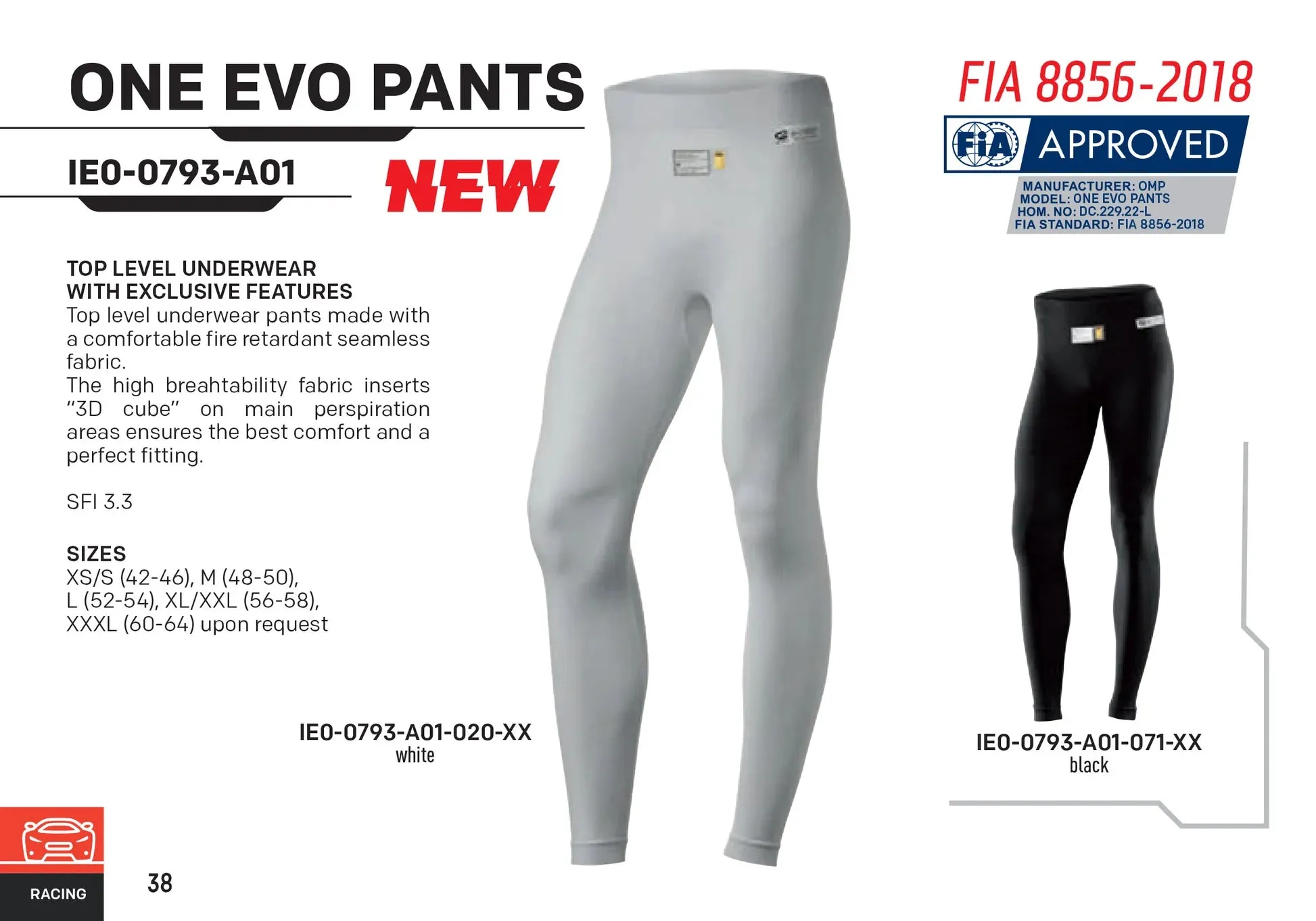 OMP ONE EVO Top / Pants Fireproof Underwear [FIA 8856-2018] Black or White